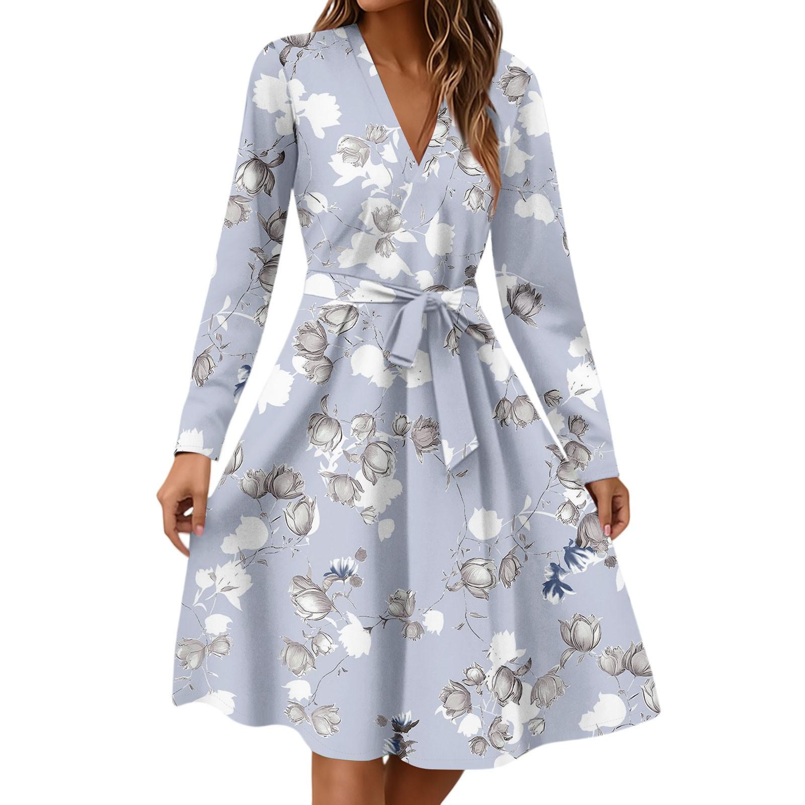 

Женское модное повседневное платье миди с V-образным вырезом, длинными рукавами, талией и цветочным принтом XXL