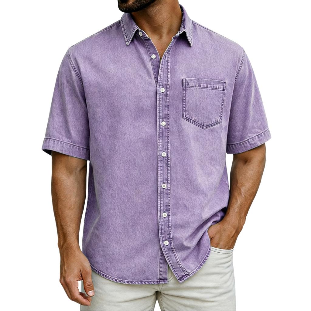 Herren Freizeit Lässig Locker Button-Down Kragen Kurzarm Jeanshemd