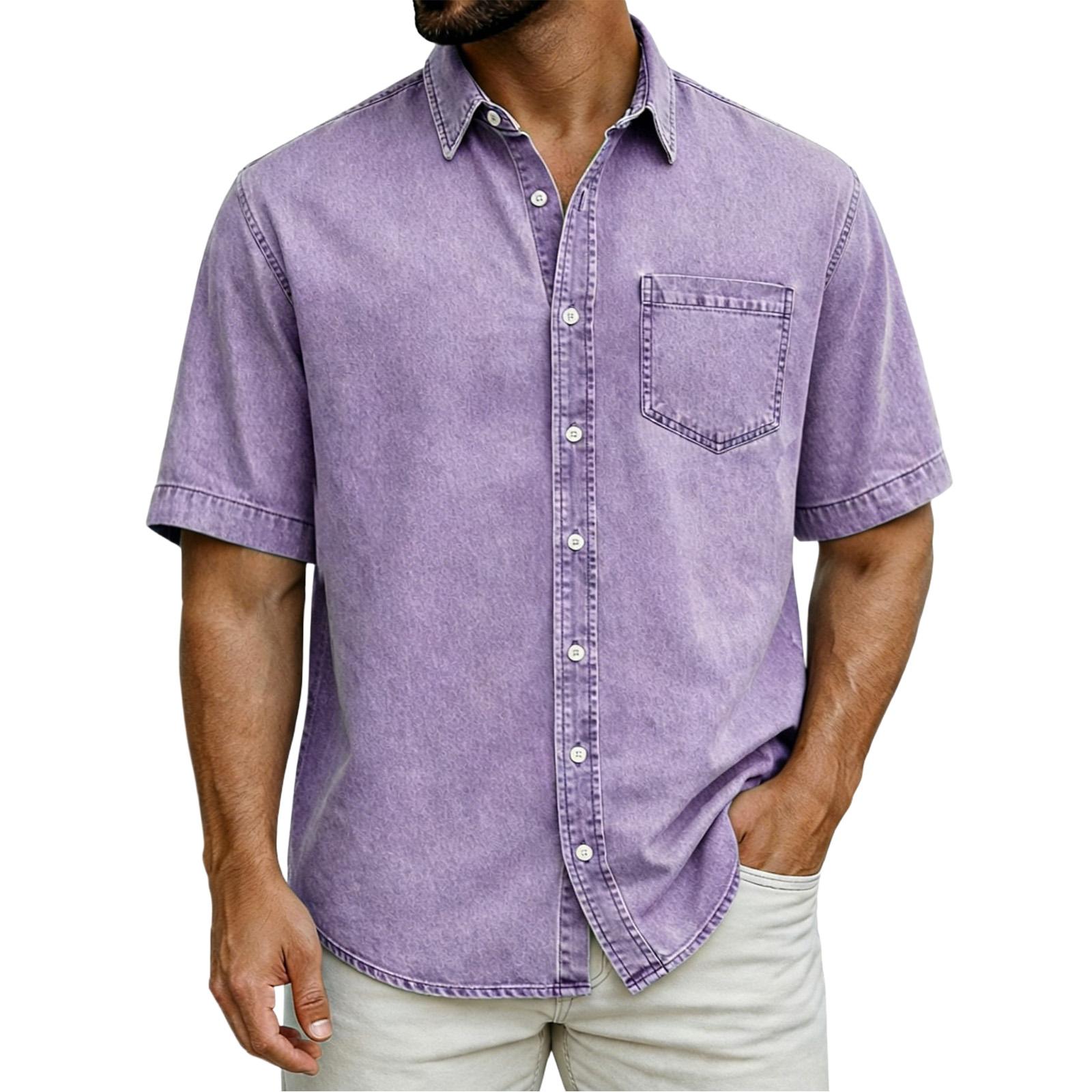 

Men s Casual Loose Button-Down Collar Short-Sleeve Denim Shirt XXXL фіолетовий