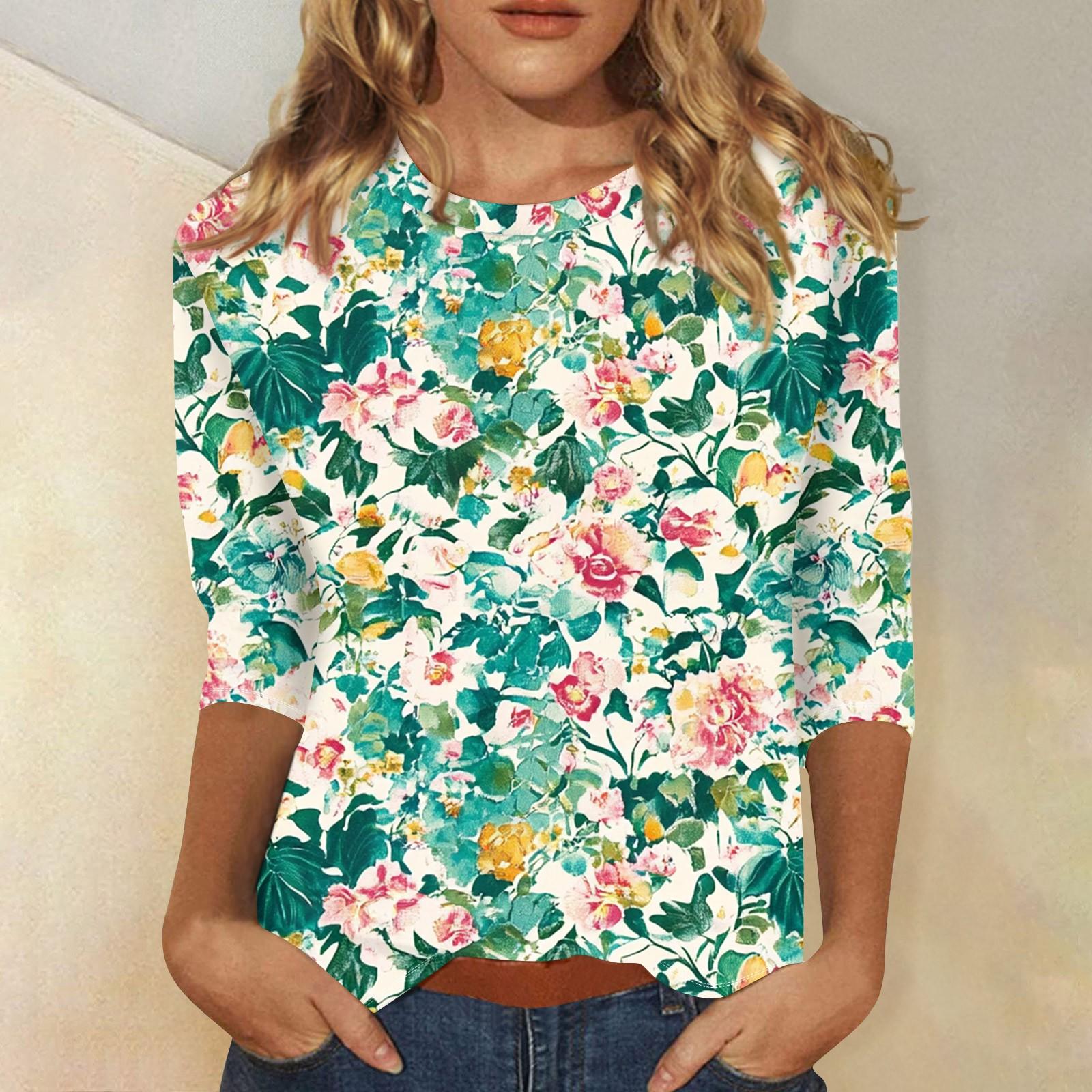 

Жіночий модний повсякденний топ з круглим вирізом і квітковим принтом з рукавом три чверті XXL зелений