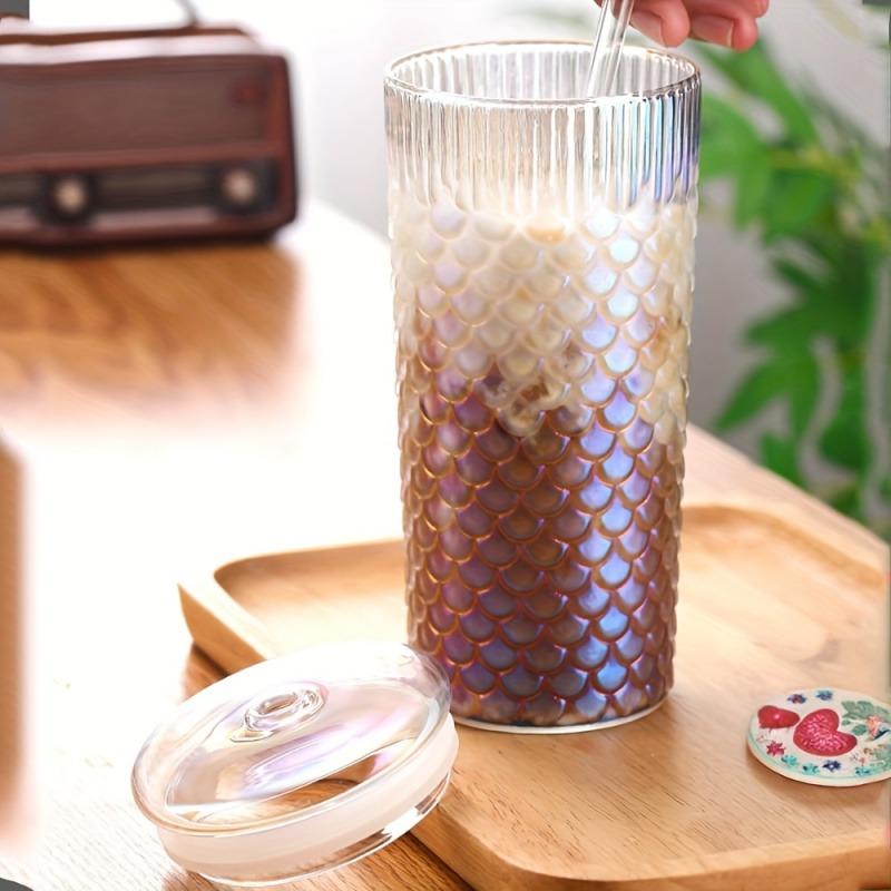 24OZ Creative Fish Scale Glass Straw Cup With Lid Transparent Glasses Mug Iced Coffee Cup For Juice Milk Tea Water Cup Drinkware