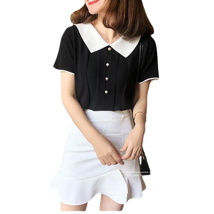 Knitwear Summer Loose Foreign-style Knit T-shirt Women's Black and White Colorblocking Short-sleeved Tops Casual Essential Slim Fit Pullovers Tees