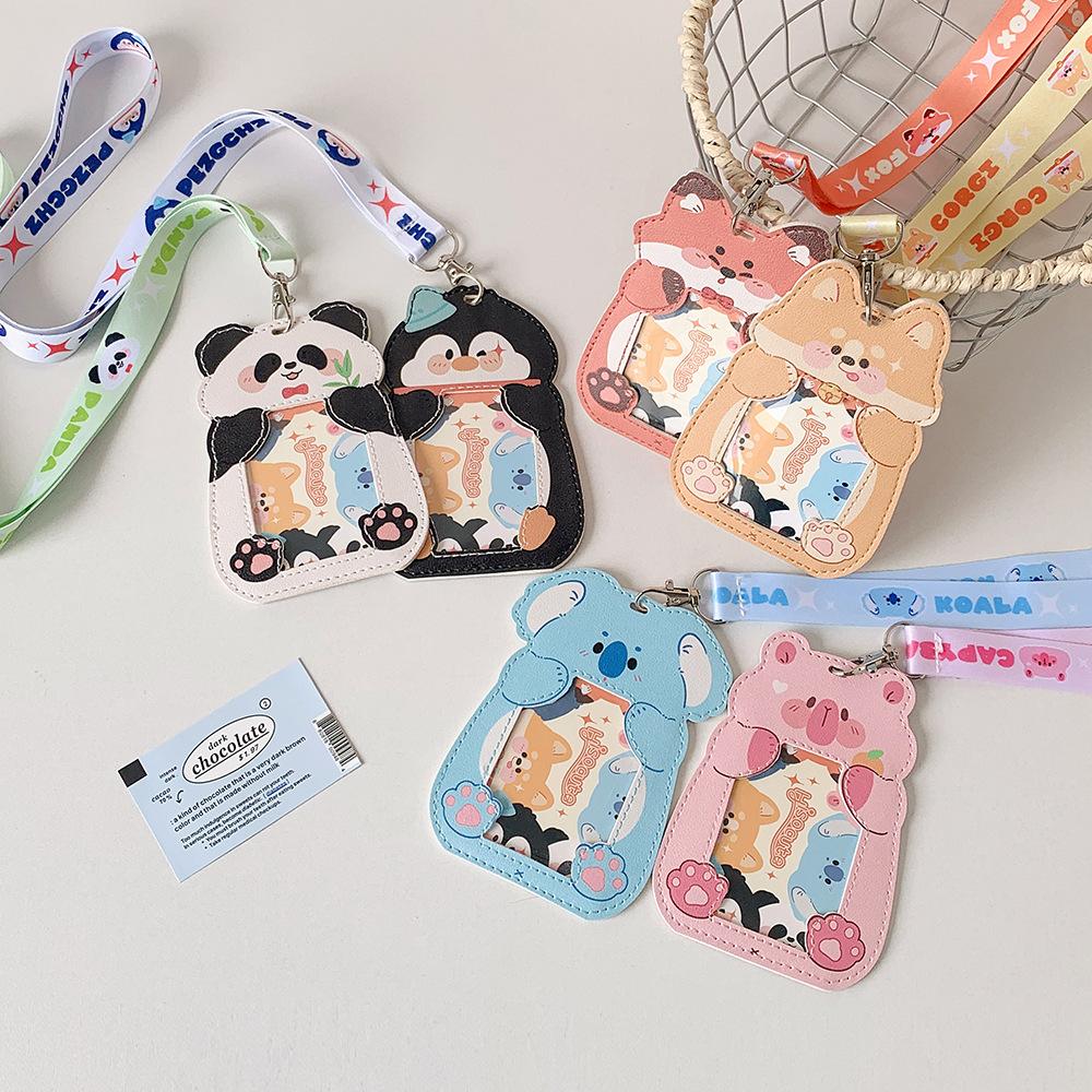 Cartoon Animal Shaped Long Rope Neck ID Card Holder Student Bus Card Cover Case Badge Holder Kpop Idol Photocard Holder