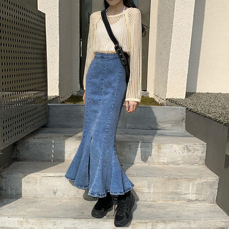 Before and After Two Wear A-line Fishtail Skirt Bustier Skirt Female High Waist Slim Elastic Open Fork Medium-length Package Hip Skirt Denim Skirt