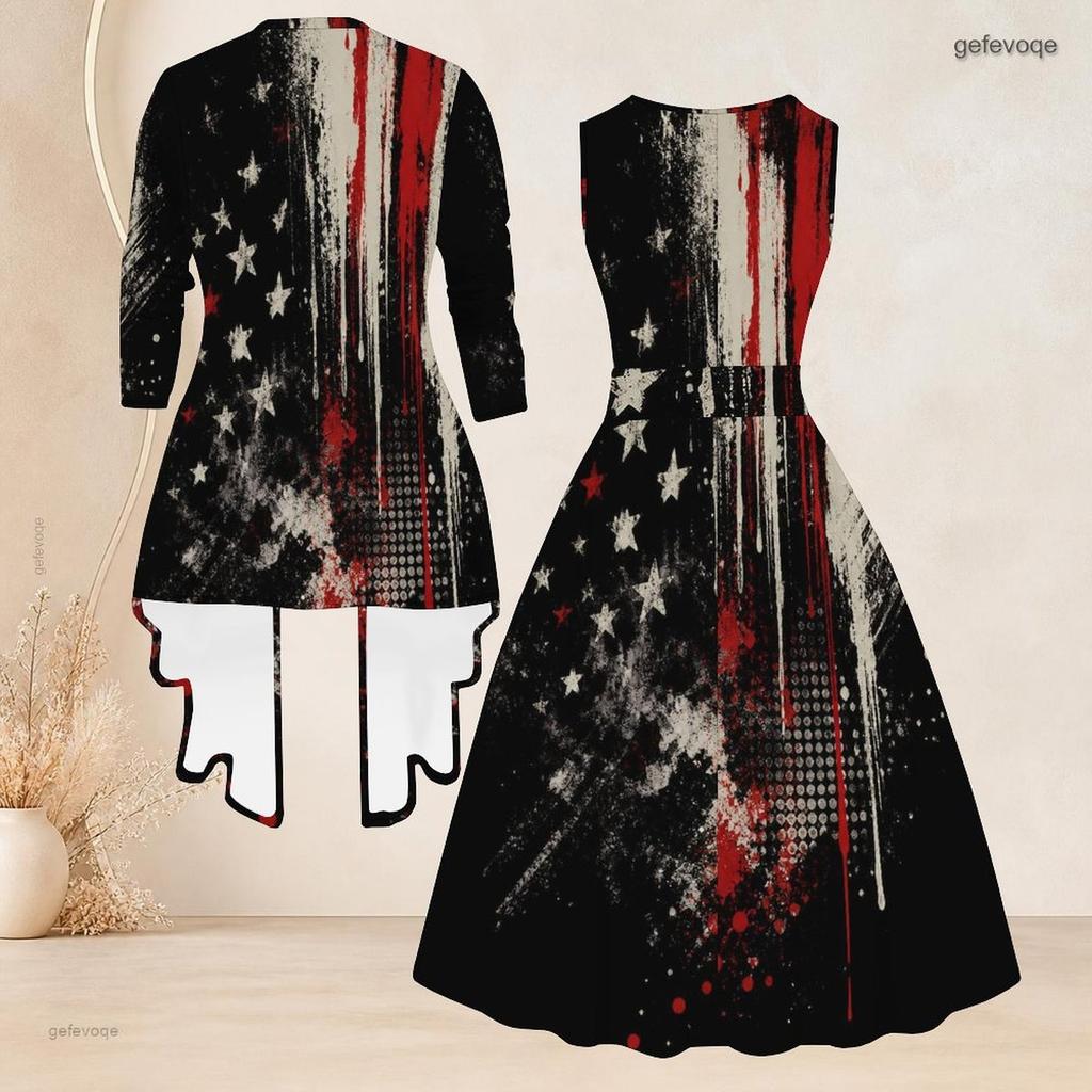 Women Plus Size Star Printed Two Piece Set Sleeveless Round Neck Tie Waist Flared Dress 3 4 Sleeve Open Cardigan