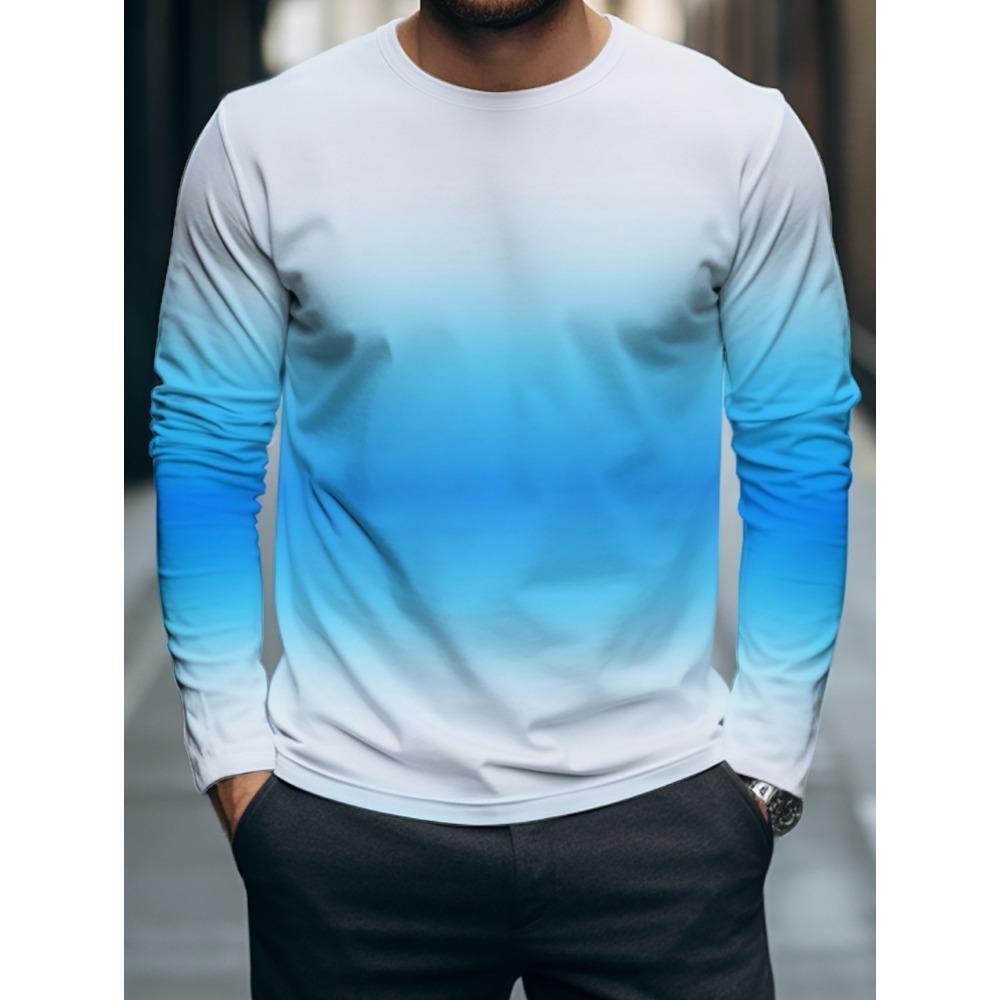 Autumn Casual Men's Long Sleeve T-Shirt Men's Fashion Tops Gradient Pattern Tees Crew Neck T-Shirt Outdoor Daily Clothes for Men