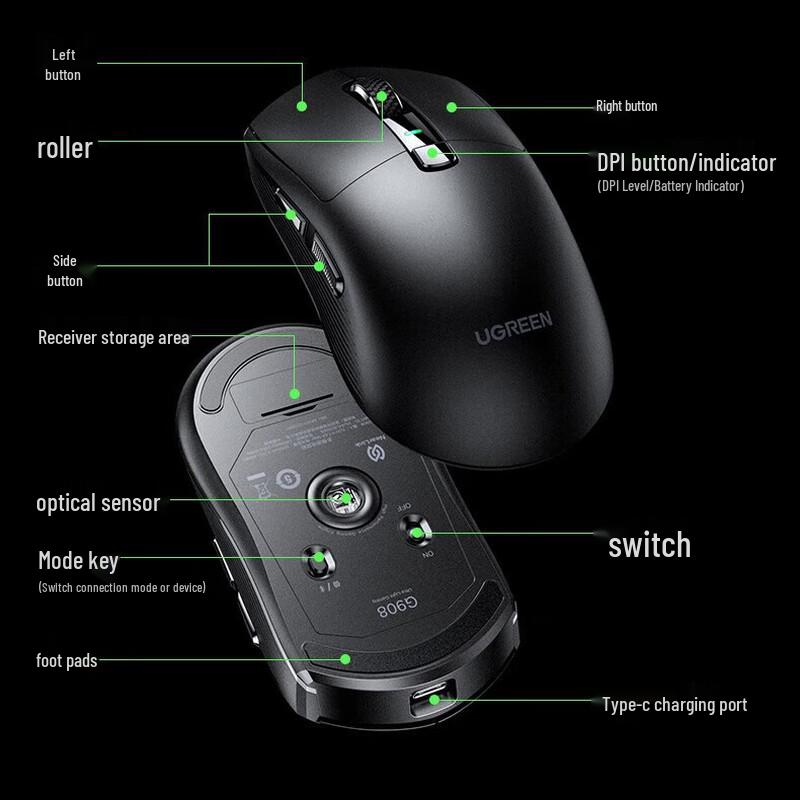 UGREEN Lightweight G908 Rechargeable Gaming Mouse, Black, Triple-Mode