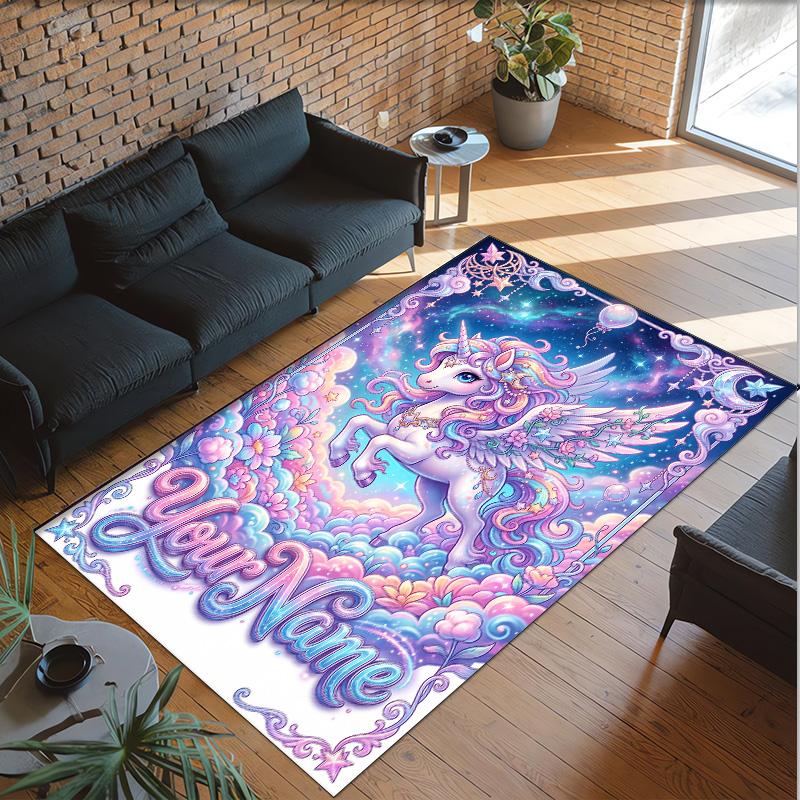 Alfombra de Suelo de Terciopelo de Cristal con Temática de Unicornio, Alfombra Cálida Personalizada con Nombre y Texto, Decoración del Hogar