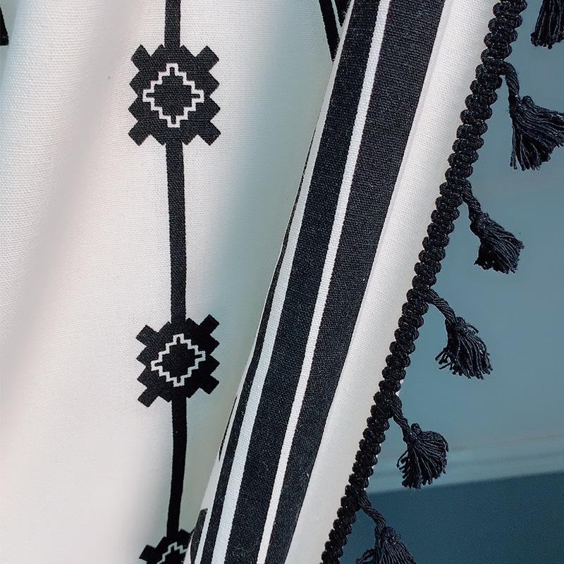 Bohemian Style Finished Cotton And Linen Black Fringed Print Kitchen Curtain Bay Window Curtain