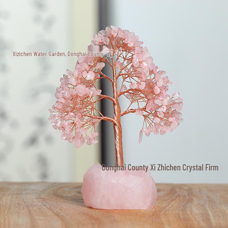 Rose Quartz Crystal Money Tree with Copper Wire, Tree of Life Decorative Ornament
