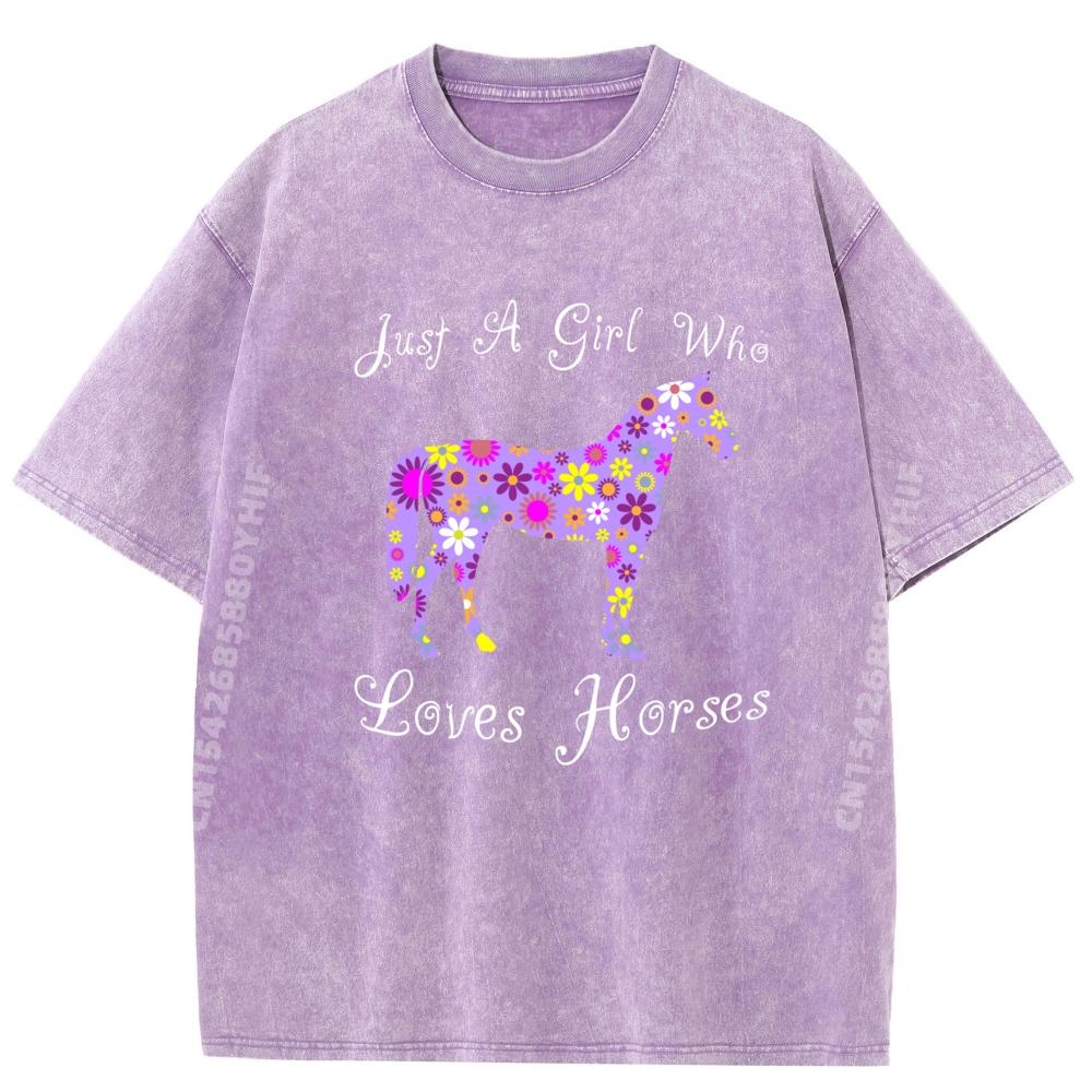 Mens Tops Fun Cute Just A Girl Who Loves Horses Graphic Tees High Quality Loose Washed Shirt Casual Style