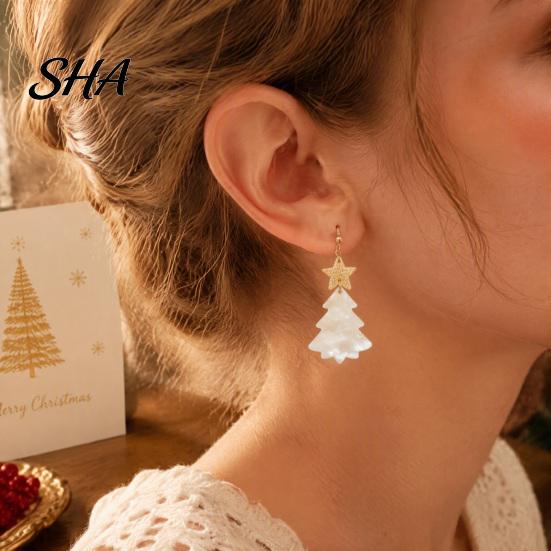 Gift for Her on Christmas 1 Pair Tree Earrings, Glitter Acrylic Star Xmas Shape Cute Earrings Winter Dangle Holiday Festive Jewelry New Year