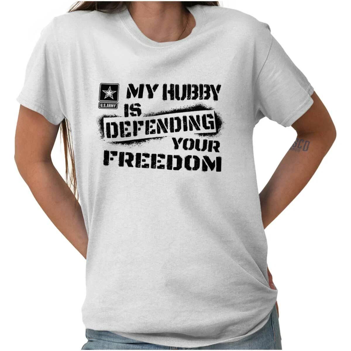 US Army My Hubby Is Defending Your Freedom Womens Graphic Crewneck T Shirt Tee XXXL