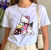 Hello Kitty and Friends Pattern Tshirt Round Neck Short Sleeved Design with Keroppi Cinnamoroll Fashion Womens Clothing