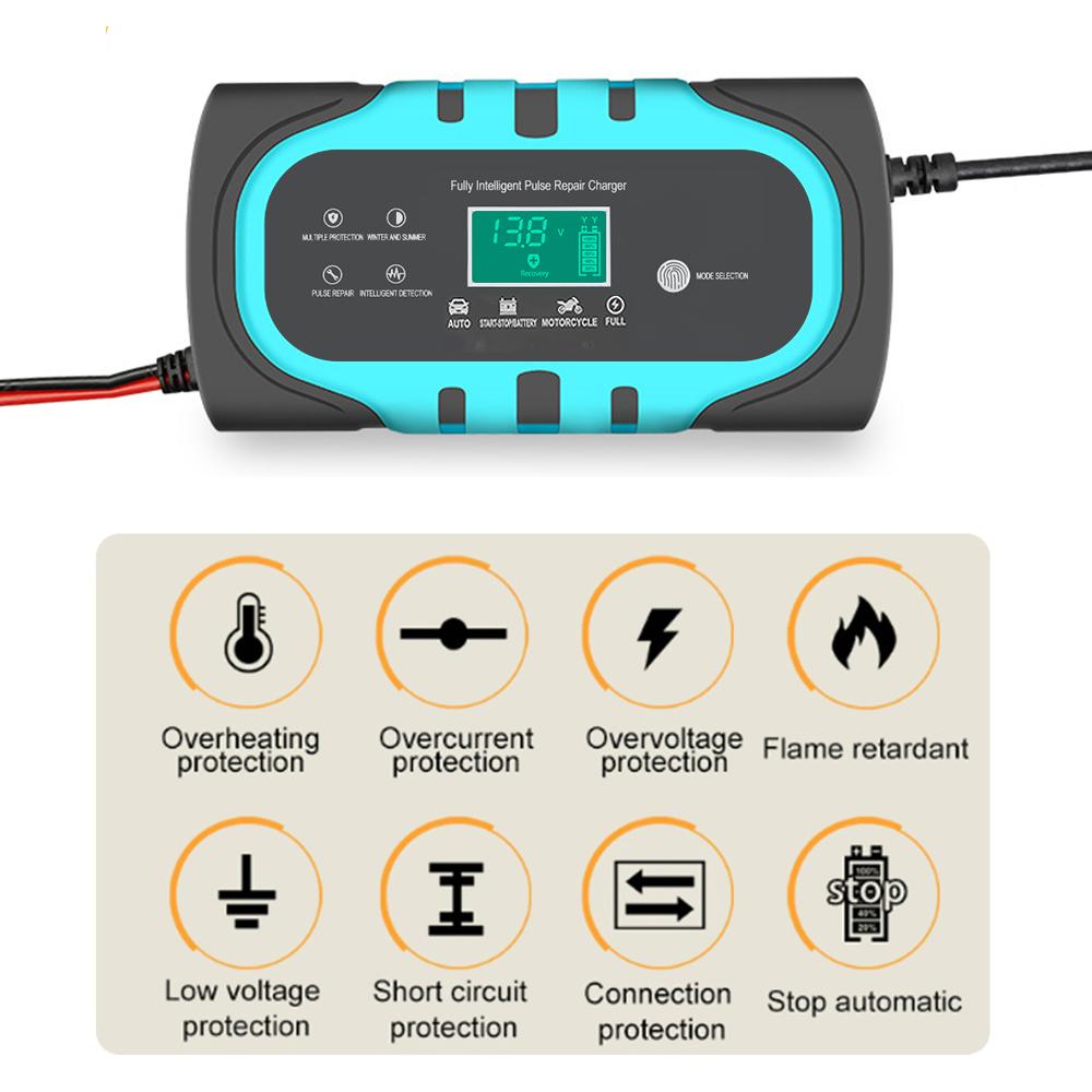 For Motorcycle Wet Dry Lead Acid Battery Digital Display Battery Charger Smart Car Battery Charger 12V 10A Pulse Repair
