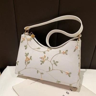 Sommerliche Umhängetasche mit Spitzen-Blumennähten für Damen, weiches PU-Leder, Unterarmtaschen, Strand-/Reisehandtasche, kleine Tragetasche für Mädchen