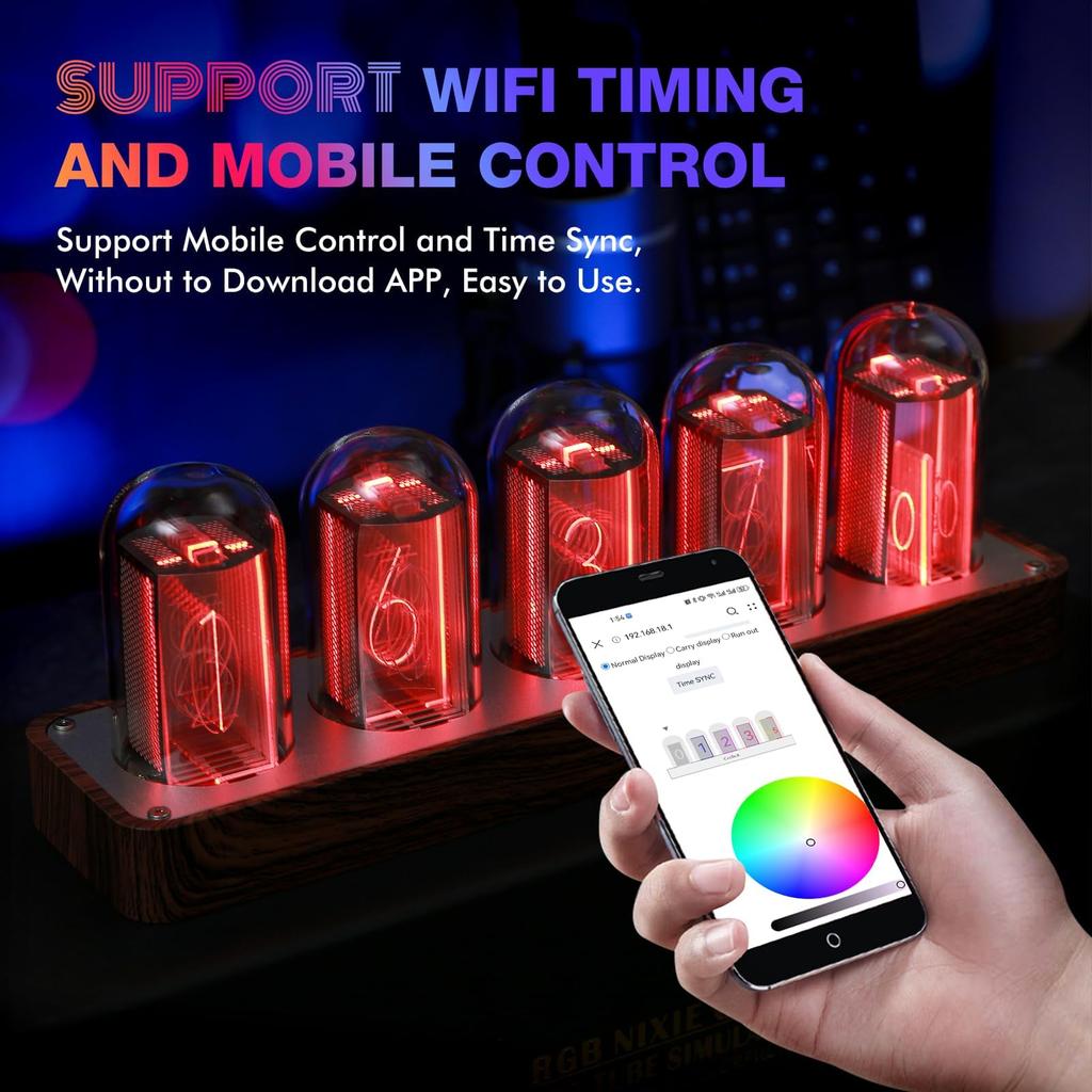 ClocTeck Nixie Tube Clock with Sync 16 Million Colors Retro Modern Wooden Digital Clock Wi-Fi & Customizable,