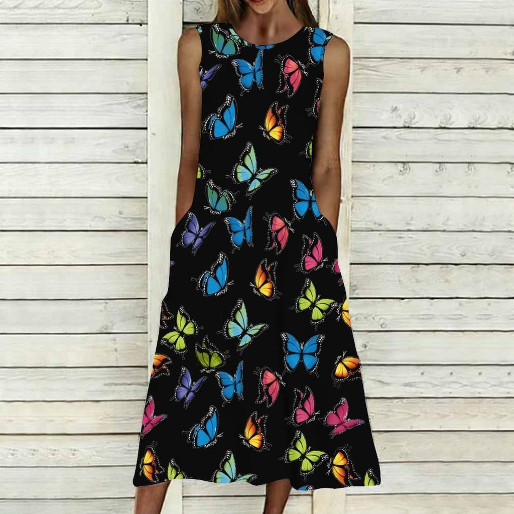 Women Oversized Sleeveless Crew Neck Dress Elegant Dense Floral Vines Flowy Calf Length Outfit