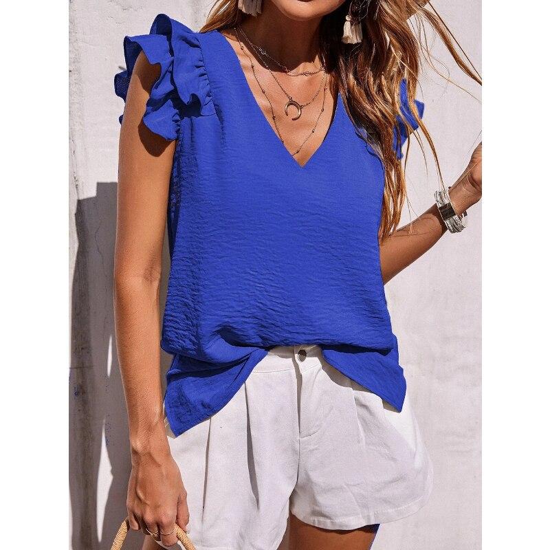 Kvinne Ruffles Ermeløse skjorter og bluser 2023 Mote sommer V-hals solide topper Elegant Stilig Uformelt Blusas-klær 26707