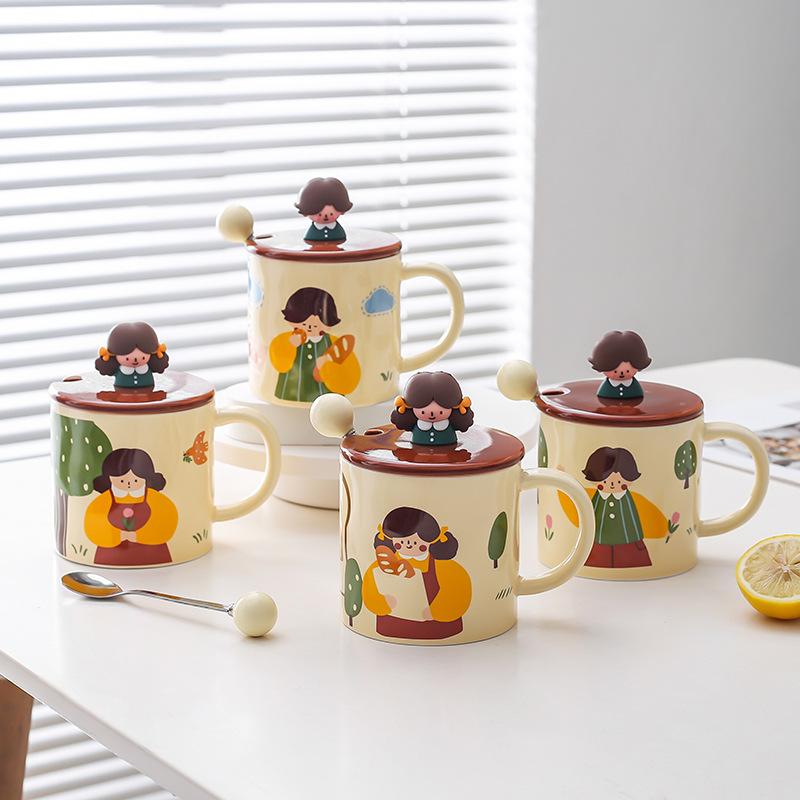 Milk Fufu Cartoon Cute Cup Girls Ceramic Mug Couple Water Cup Home Office Breakfast Cup with Lid Spoon