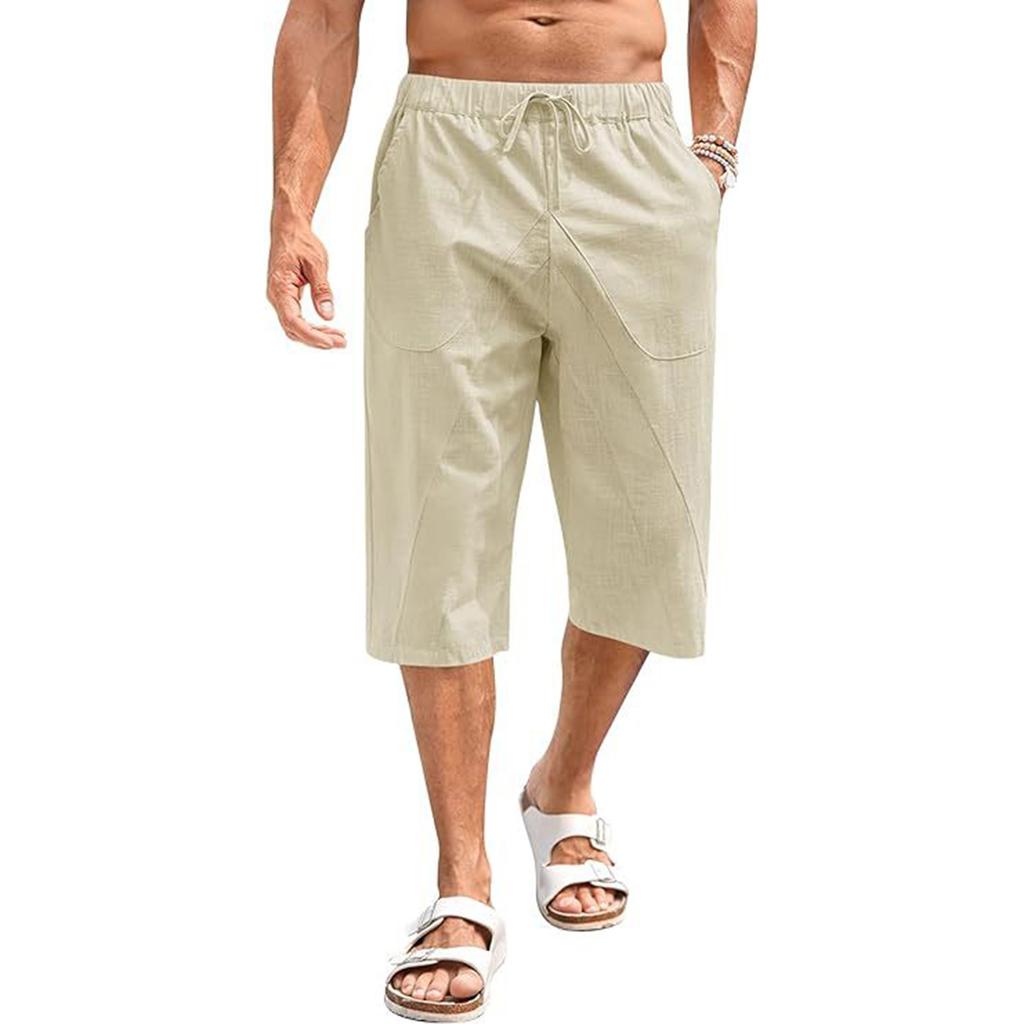 Pánské bavlněné a lněné kalhoty, letní kalhoty, plážové kalhoty, elastický pas se stahovací šňůrkou