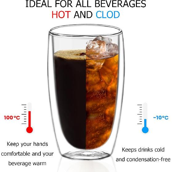 Double Wall Glass Coffee Mugs Set of 2, 16oz/450ml Insulated Glass Mugs for Hot Beverages, Large Clear Coffee Cups for Espresso, Tea, Latte,