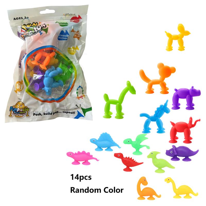 14 Stück Dinosaurier Saugnapf Spielzeug, Konstruktionsspielzeug für Kindergärten und Spielzimmer, Perfekt für die Badezeit und zum Spielen auf Reisen, Geschenk