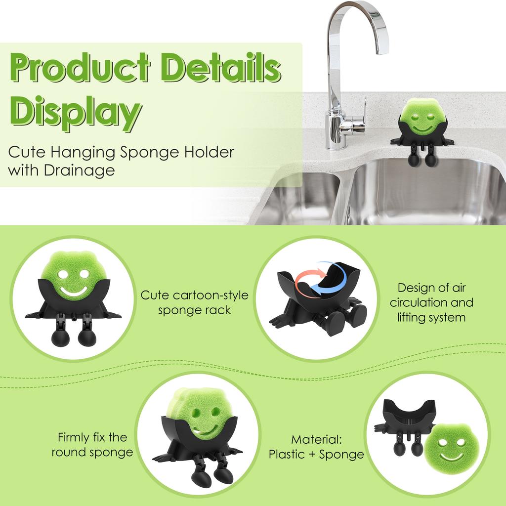Sponge Holder Plastic Funny Countertop Drip Rack with Sponge Easy Cleaning 3D Printed Sponge Drainage Holder Kitchen Accessories