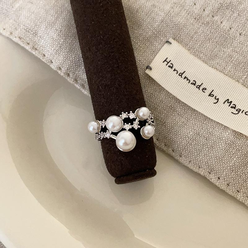 Zircon Pearl Metal Open Ring Women'S Niche Design Sense Personality Light Luxury Versatile Temperament Fashion Ring Ring