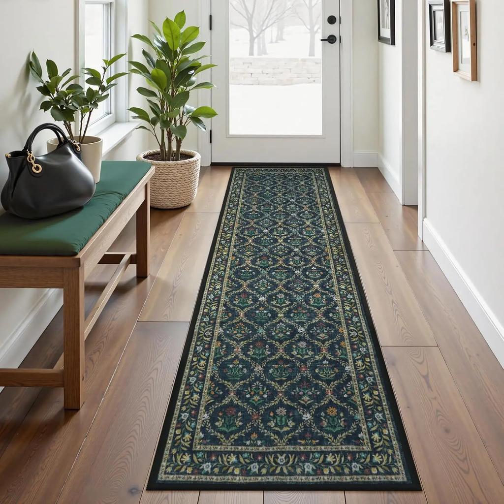 Traditioneller Blumenläufer Teppich Rosa Grün Muster Waschbarer Rutschfester Teppich für Flur Küche Korridor Eingangsbereich Heimdeko
