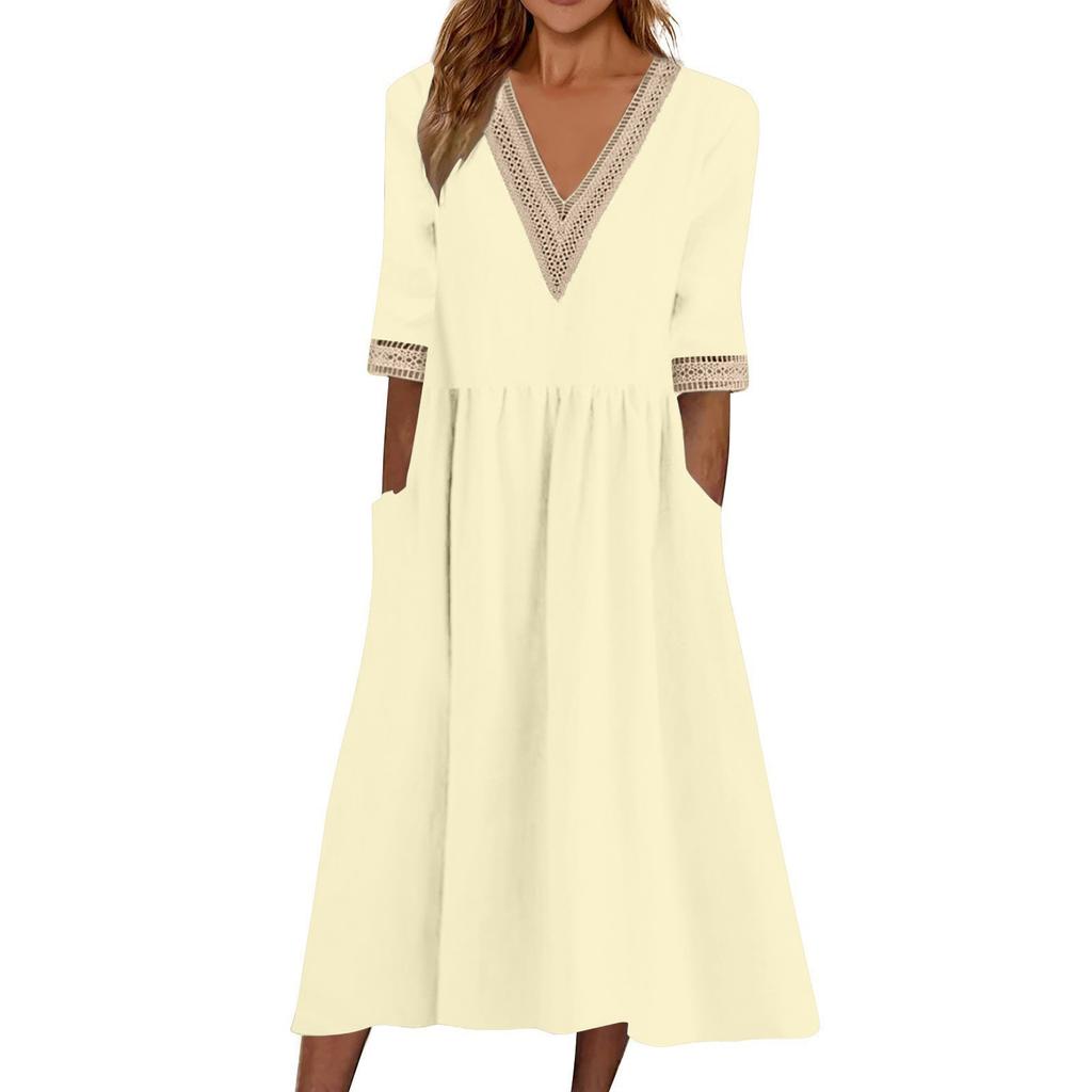 Women's Fashionable Casual Color Short Sleeved Lace V-Neck Waist Cinched Dress