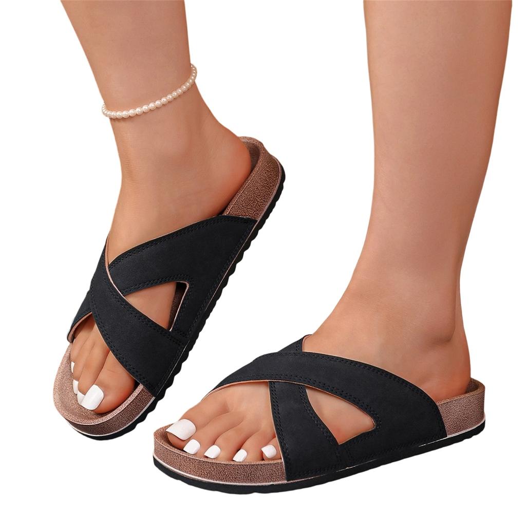 Women's Plus Size Casual Slide Sandals Cross Strap Open Toe Slip On Summer Beach Shoes Comfortable Footbed Lightweight Design