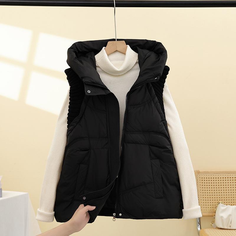2025 autumn new down cotton vest women's short knitted splicing hooded vest cotton vest vest jacket tide