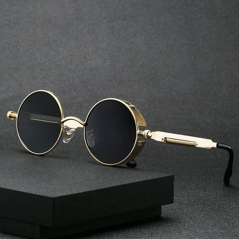 Vintage Steampunk Red Sunglasses Men Round Punk Alloy Metal Retro Sun Glasses Women Goggles Gothic Style Shades