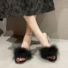 One-word Drag Female Elegant 4335 Open-toed Thick Heel High Heels Crystal Fluff Large Size Square Head Summer