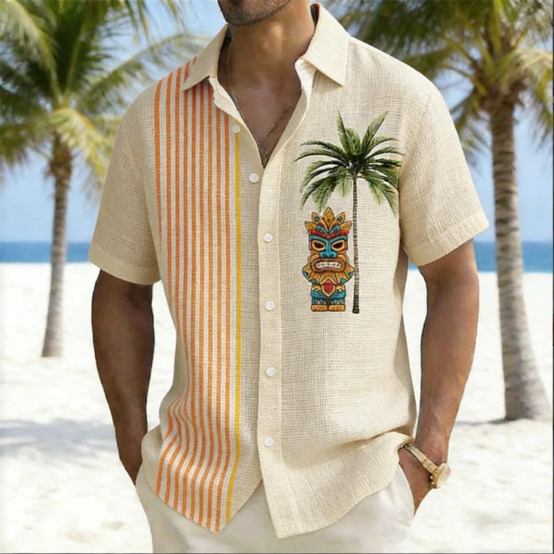 Men Casual Linen Short Sleeved Shirt with 3D Coconut Tree Print Collar Print Shirt Clothing 4XL