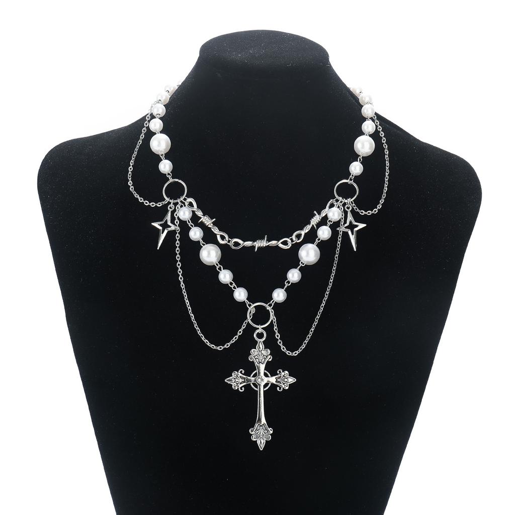 Niche High-end Design Double-layer Highlight Pearl Cross Star Cross Necklace Female Versatile
