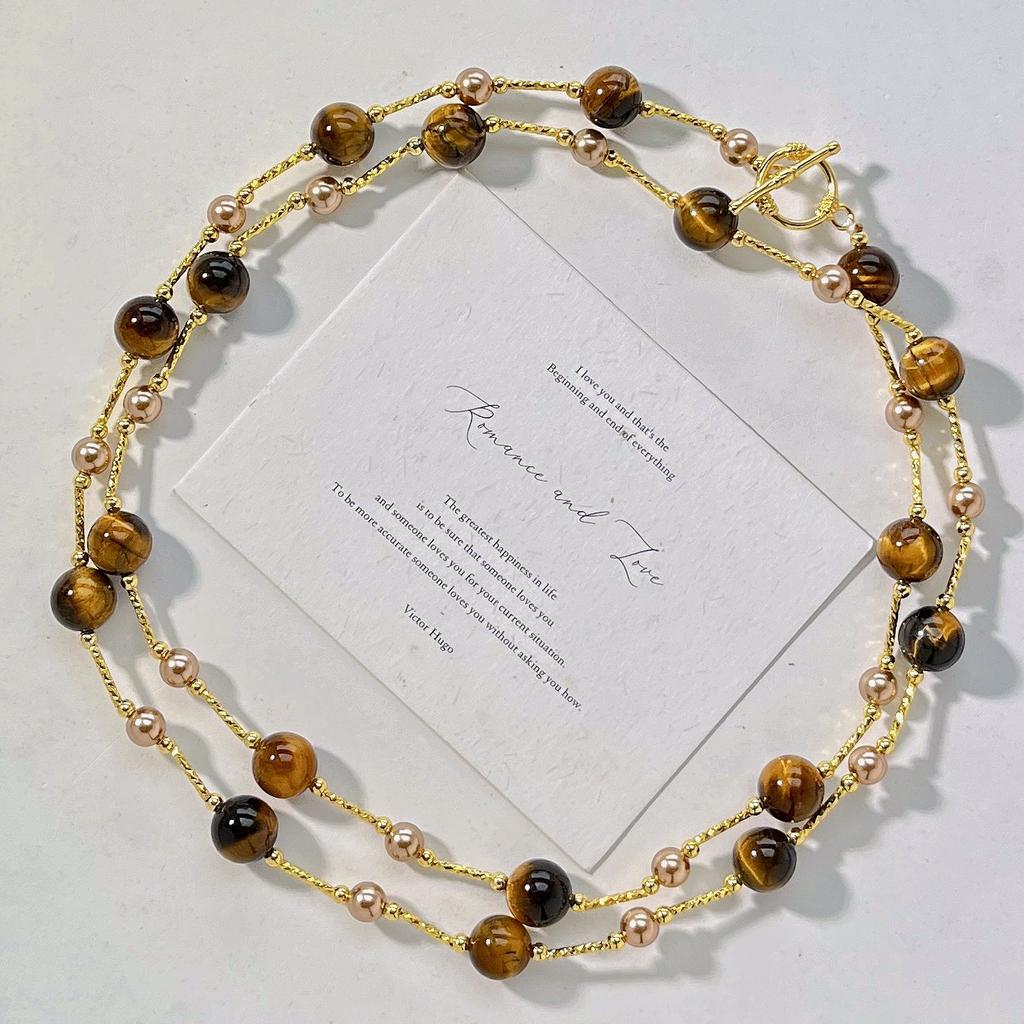 Wind Boutique, Natural Tiger's Eye, Mocha, Brown Coffee, Imitation Pearl Design, Sweater, Necklace, Collarbone Chain, Fidelity