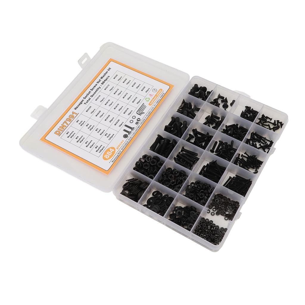 884ks M2 M3 M4 M5 Sada šroubů s vnitřním šestihranem, matic a podložek z uhlíkové oceli s úložným boxem, černá