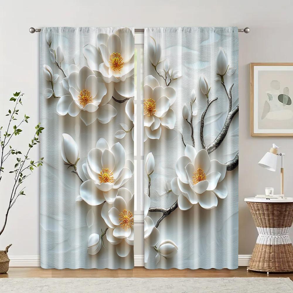 2pcs   Curtain Fabric 2D print elegant white flowers Polyester Easy Install (without rod) Versatile All Ldeal for Living Room &