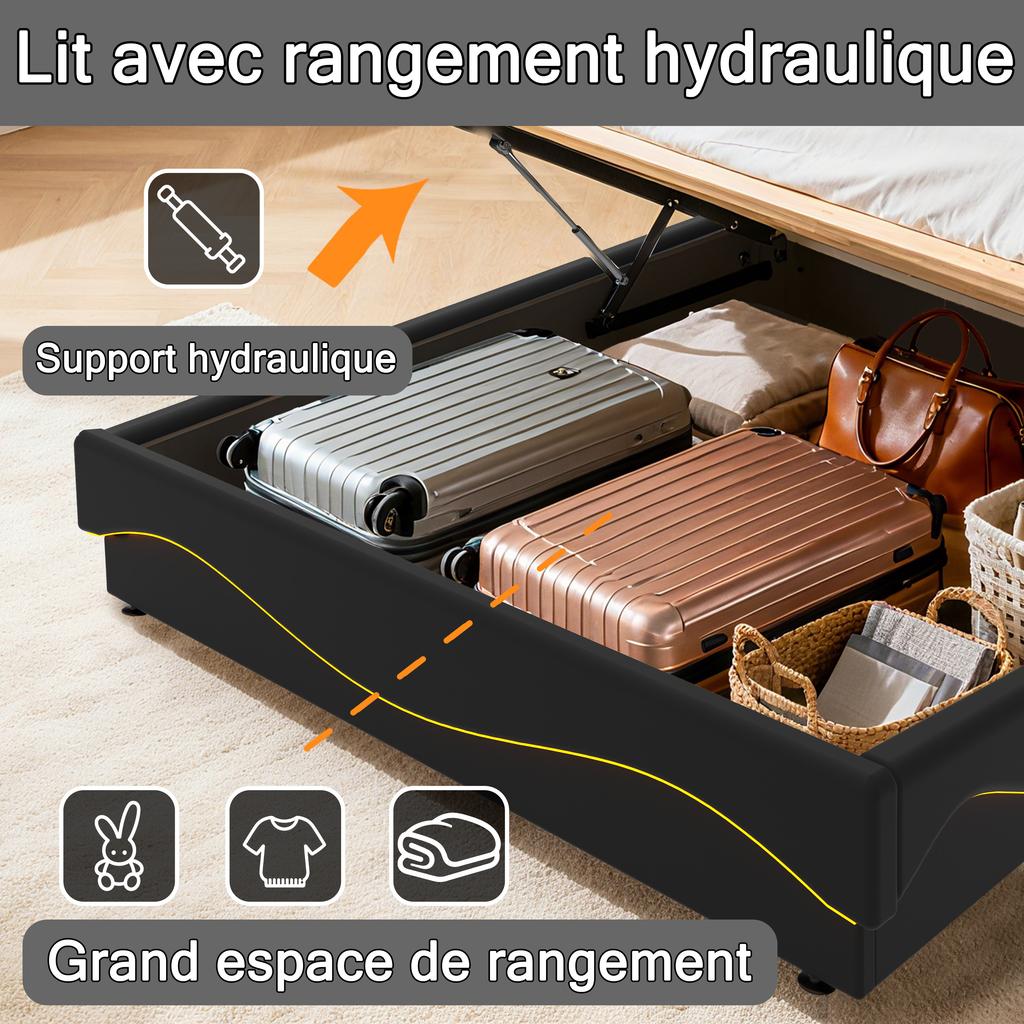 Leather Gas Lift Storage Bed with USB Type C Charging Music Sync LED Lights Queen Full Black White 300KG Capacity