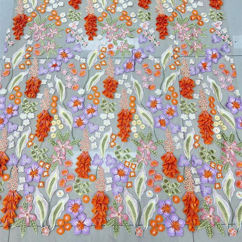 1 Yards 3D Floral Lace Embroidery Fabric Flower Embroidery Mesh Colorful Thread Fabric For Sewing Wedding Evening Dress