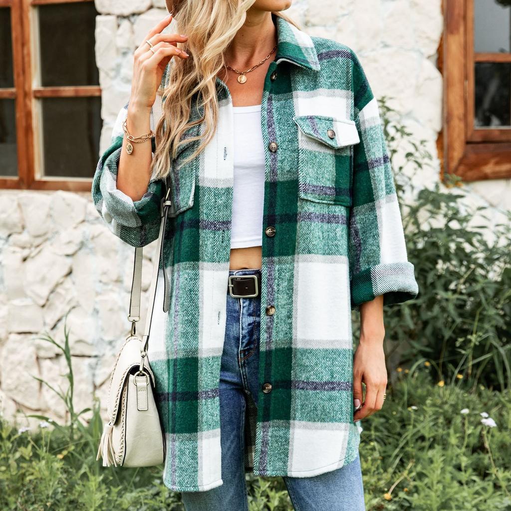 Women's Tweed Plaid Shirt Long Sleeve Single Breasted Lapel Casual Jacket