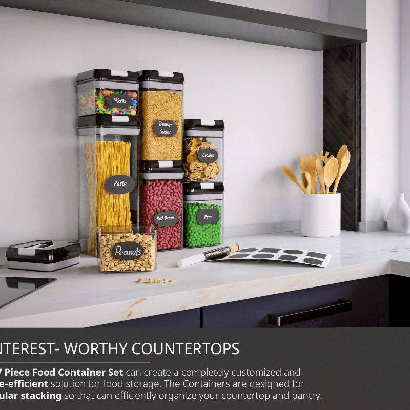 Sada vzduchotěsných nádob na skladování potravin – 7 PC set – Štítky – Nádoby pro uspořádání kuchyně a spíže – Bez BPA – Průhledné plastové kanystry na mouku