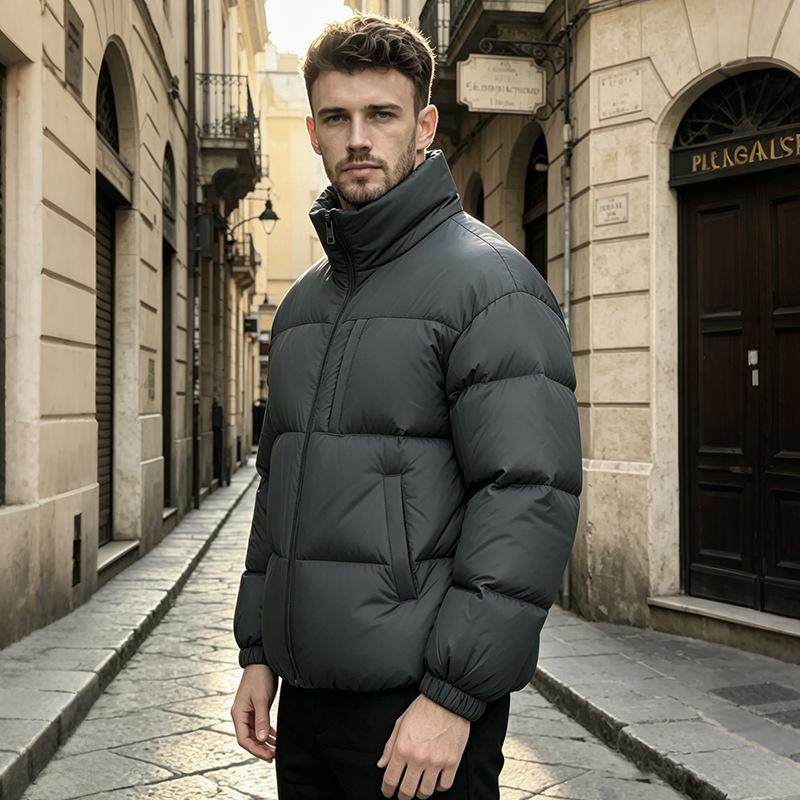 Men's Stand Collar Thick Puffer Jacket Zip Up Solid Color Casual Winter Down Coat