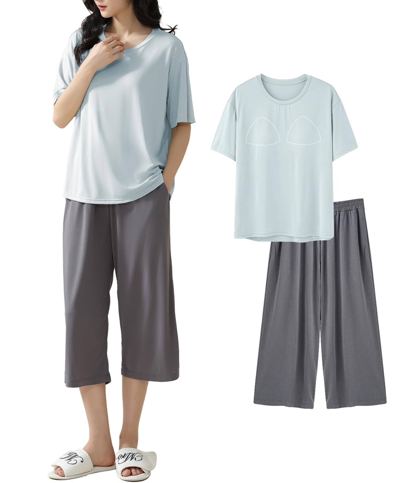 

PHOLEEY Loungewear Pajamas with Chest Summer Loose Short Sleeve Top and Bottom and Long Soft Convenient Loungewear Women s Pads, Fit, Set, T-Shirt