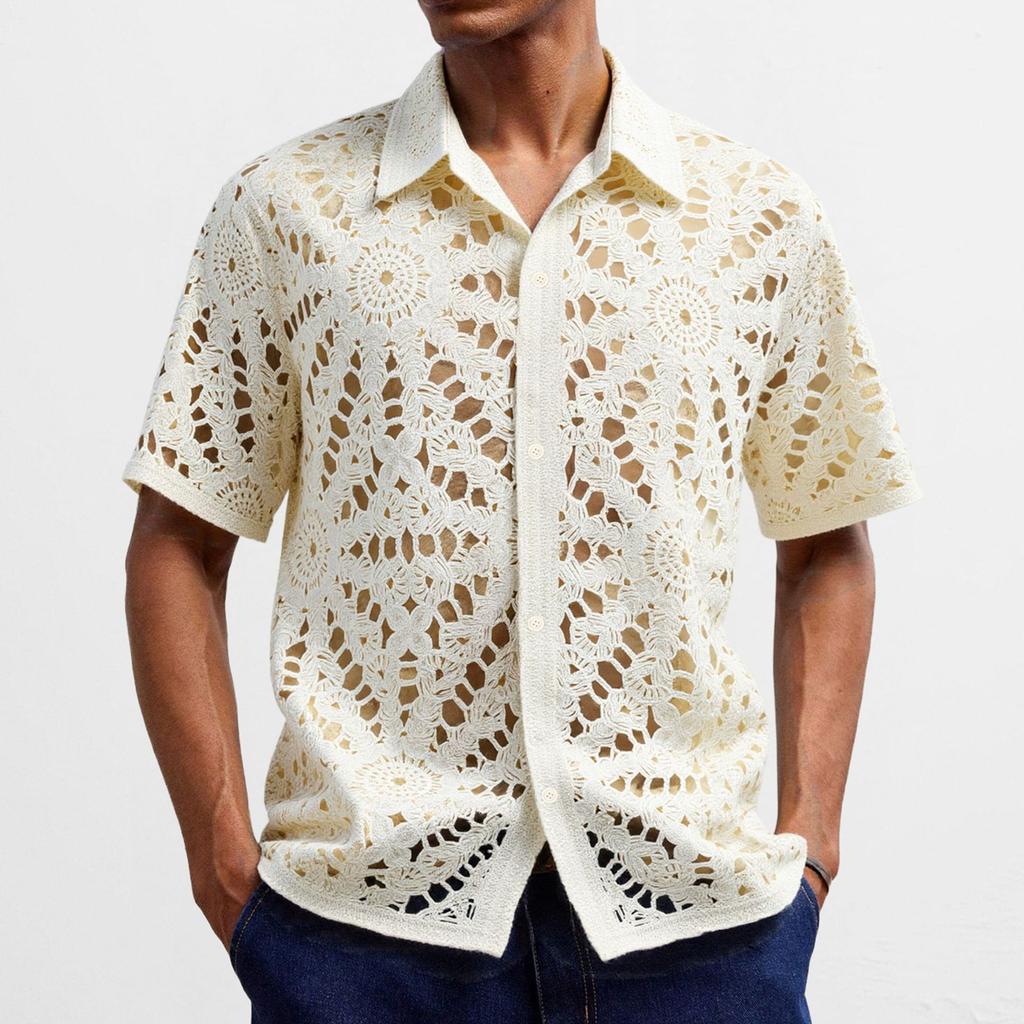 Camicie Casual da Uomo a Maniche Corte in Maglia con Bottoni e Lavorazione ad Uncinetto Vuota Top per Vacanze Estive Vintage in Maglia Camicie da Golf e da Spiaggia con Colletto Top per Uomo