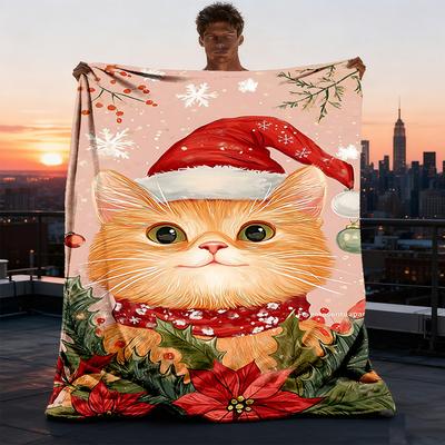 1pc Christmas Cat Outdoor Personalized Flannel Blanket, Soft, Lightweight Personalized Flannel Blanket, Digital Printing,