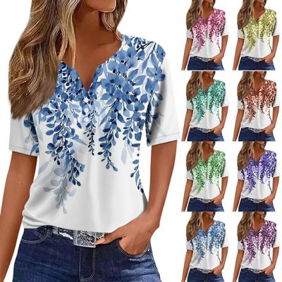 Women's Fashion Casual Vintage Printed V-Neck Short Sleeve Decorative Button T-Shirt Top