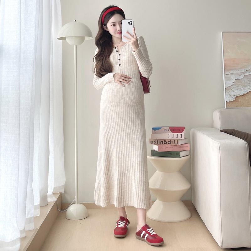 "2024 French Stripe Knit Maternity Sweater Dress - Mid-Length, Ideal for Spring & Autumn"